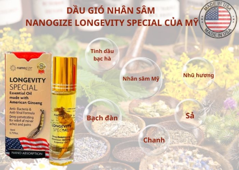 NANOGIE LONGGEVITY SPECIAL GINSENG ESSENTIAL OIL DẦU GIÓ NHÂN SÂM CAO CẤP TỪ MỸ