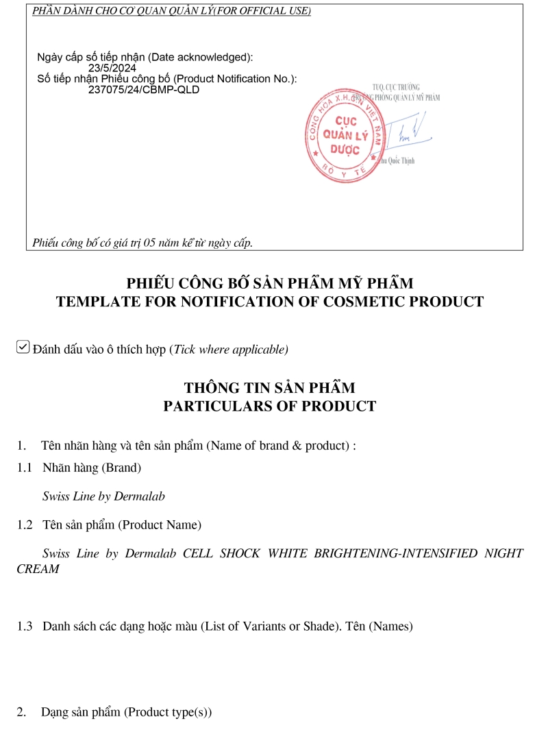 Swissline Cell Shock White Intensified Brightening Night Cream: Kem Dưỡng Trắng Da Chuyên Sâu Ban Đêm