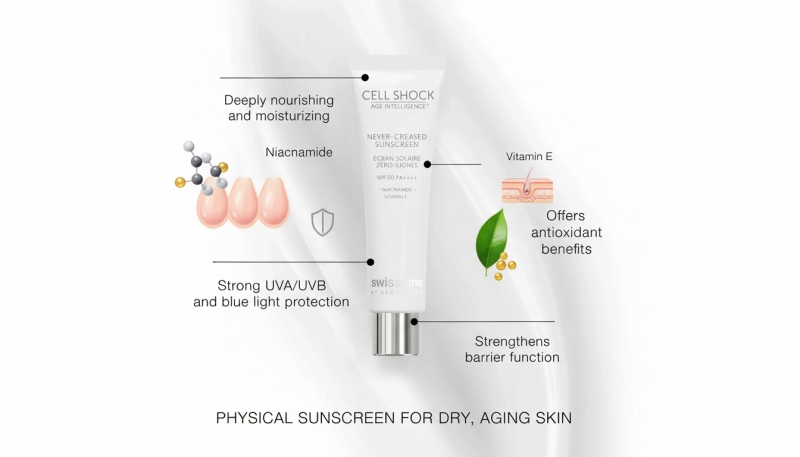 * Kem Chống Nắng Vô Hình Swissline Never-Creased Sunscreen SPF50 PA++++: Dưỡng Ẩm Sâu, Chống Lão Hóa Cho Da Khô