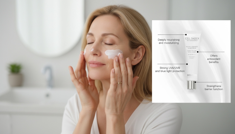 * Kem Chống Nắng Vô Hình Swissline Never-Creased Sunscreen SPF50 PA++++: Dưỡng Ẩm Sâu, Chống Lão Hóa Cho Da Khô