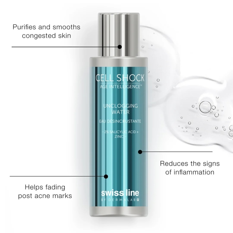 Tinh chất chuyên thải độc và phục hồi cho da dầu mụn _ Swissline Cell Shock Age Intelligence Unclogging Water 100ml