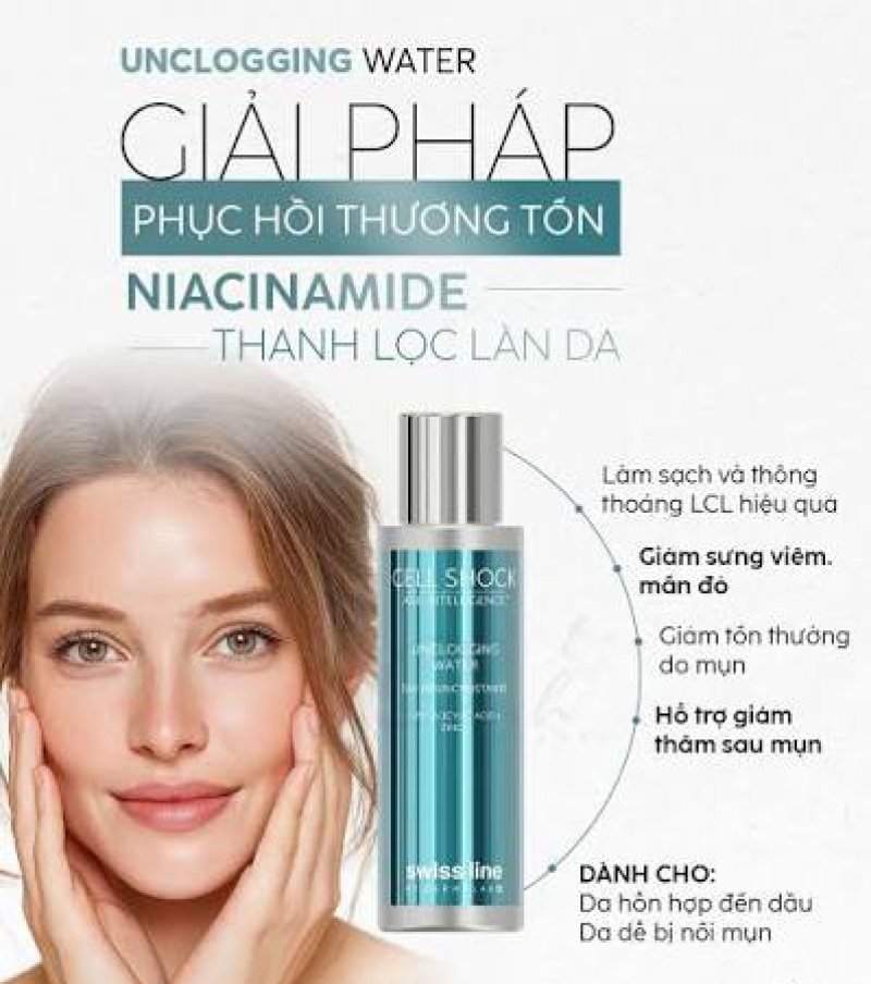 Tinh chất chuyên thải độc và phục hồi cho da dầu mụn _ Swissline Cell Shock Age Intelligence Unclogging Water 100ml